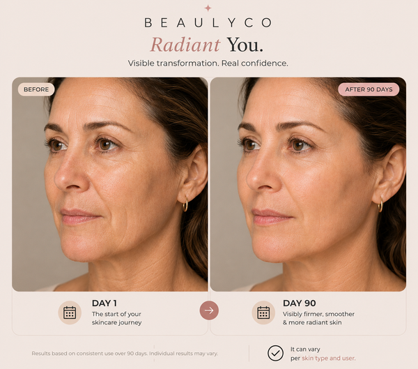 Before and after comparison showing use of the Beaulyco Sculpt Pro LED Face & Neck Massager over 90 days.