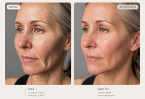 Comparison image showing a model before and after using the Beaulyco Sculpt Pro LED Face & Neck Massager.