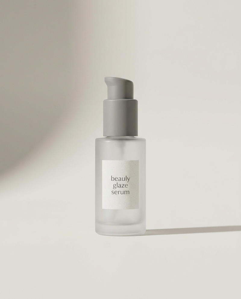 beauly glaze serum bottle on warm grey background