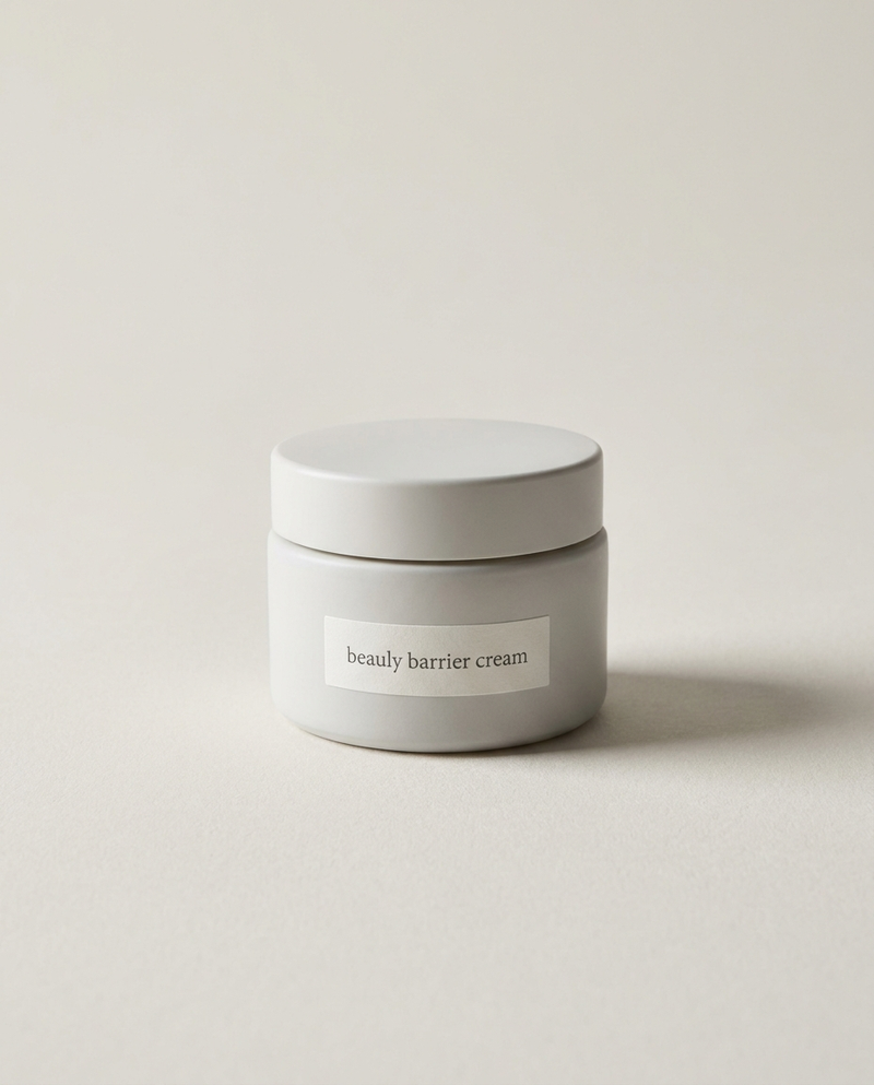 beauly barrier cream jar on warm grey background