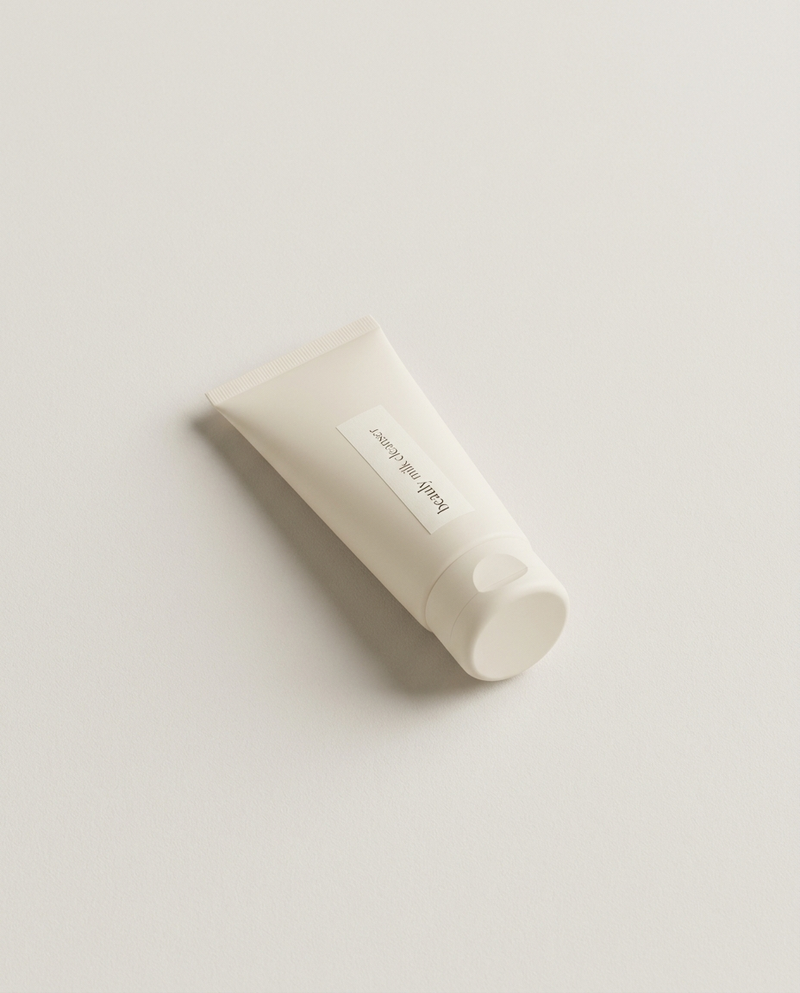 beauly milk cleanser tube on warm grey background