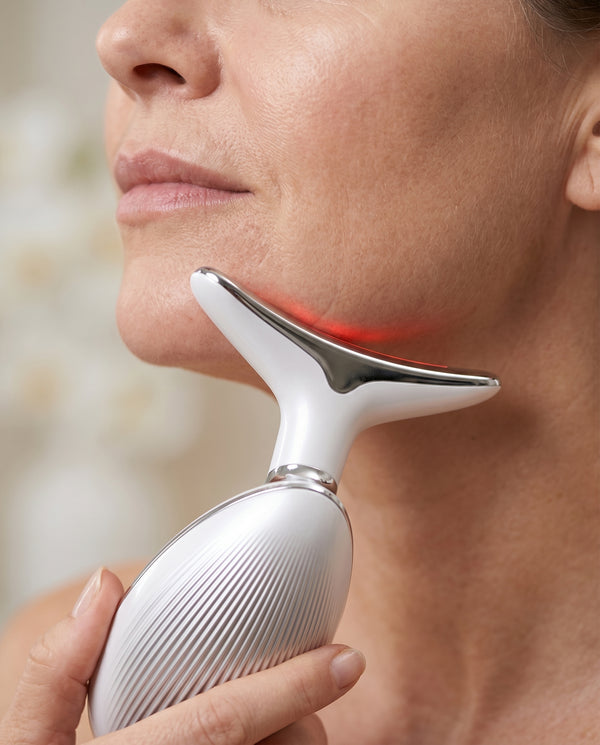 Close-up of the Beaulyco Sculpt Pro LED Face & Neck Massager used on the jawline.